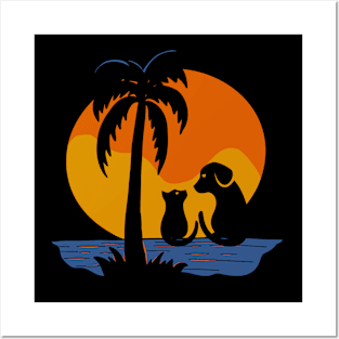 sunset with dog and cat -cat shirt-dog shirt Posters and Art